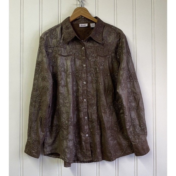 Vintage Wrangler Women Pearl Snap Button Up Shirt Brown Stitched Floral Size XXL - Picture 8 of 15